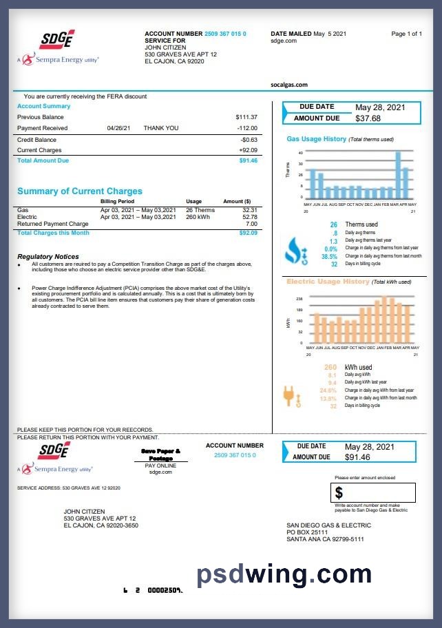 USA California San Diego Gas and Electric SDG&E Utility Bill